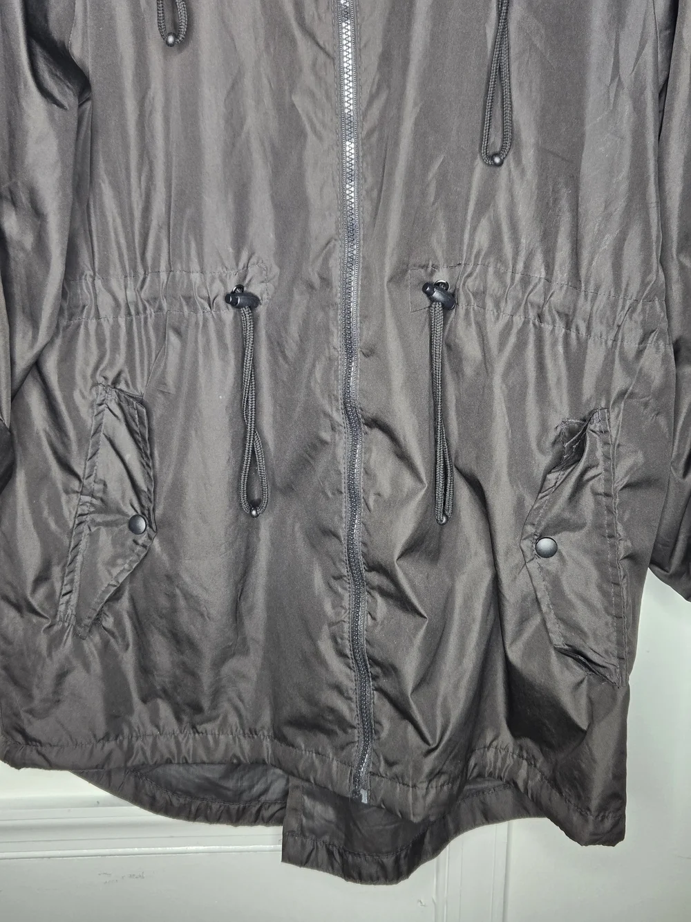 Solid Black Lightweight Hooded Rain Anorak Utility Jacket Zip Close-Size L